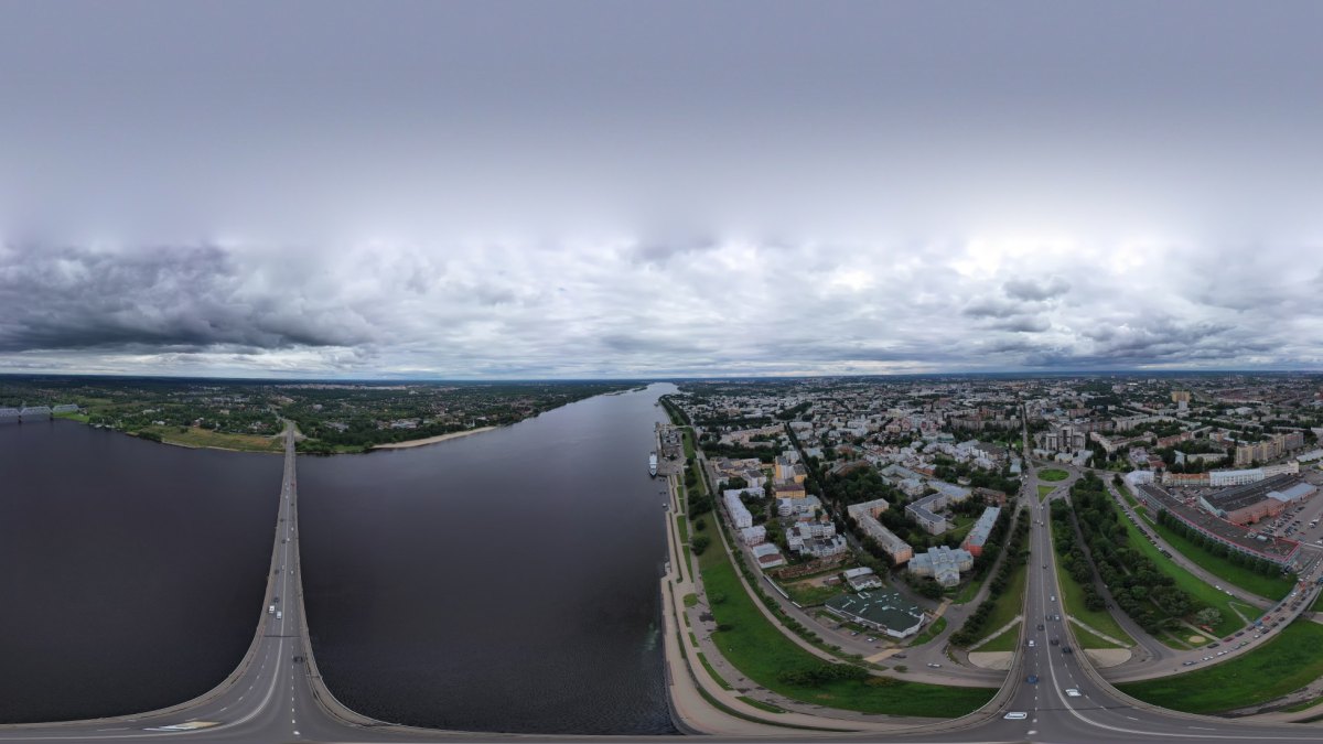Yaroslavl, Russia. Volzhskaya embankment. October bridge. Aerial view. Panorama 360