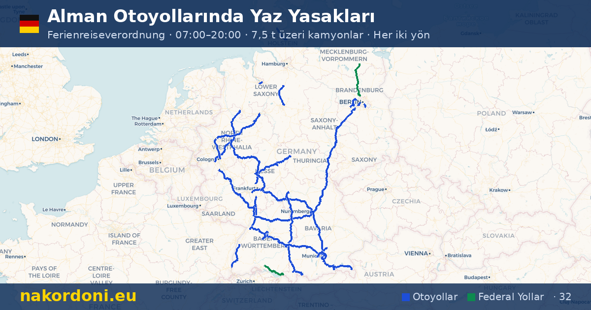 Almanya'da yaz yasakları — Otoyollarda cumartesi yasaklarının interaktif haritası (tem–ağu)