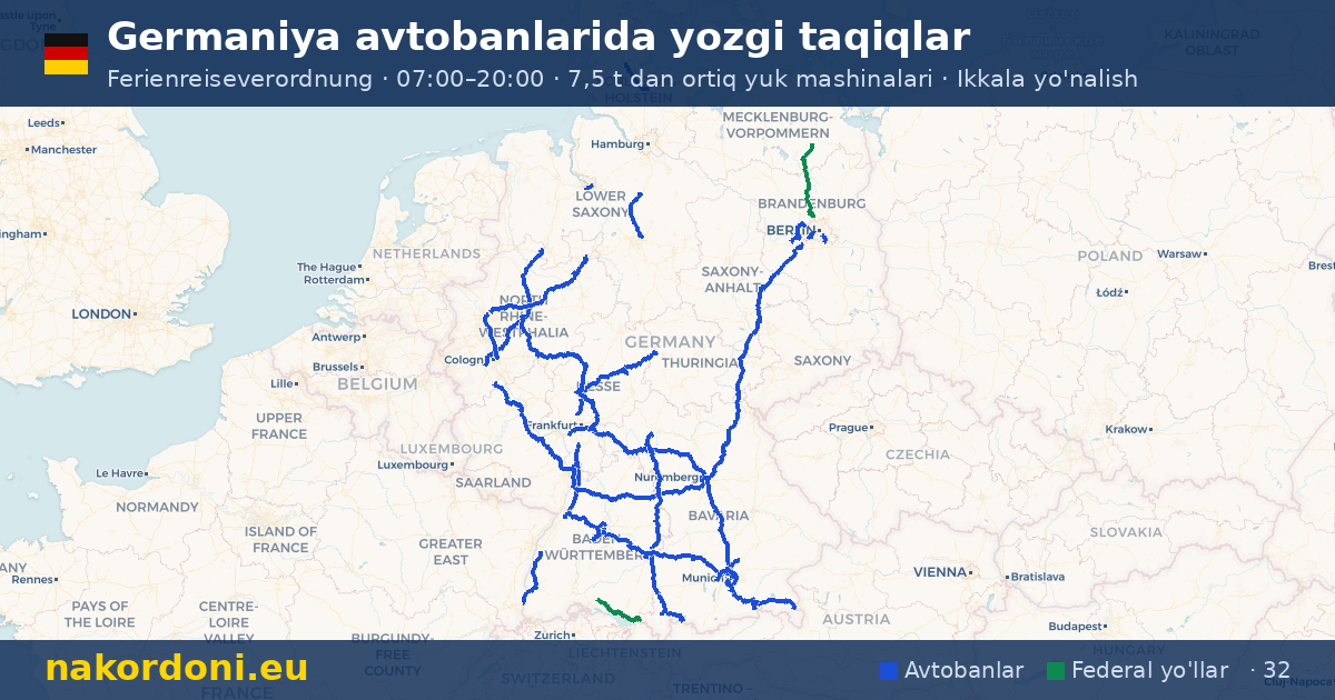 Germaniyada yozgi taqiqlar — Avtobanlarda shanba taqiqlarining interaktiv xaritasi (iyl–avg)