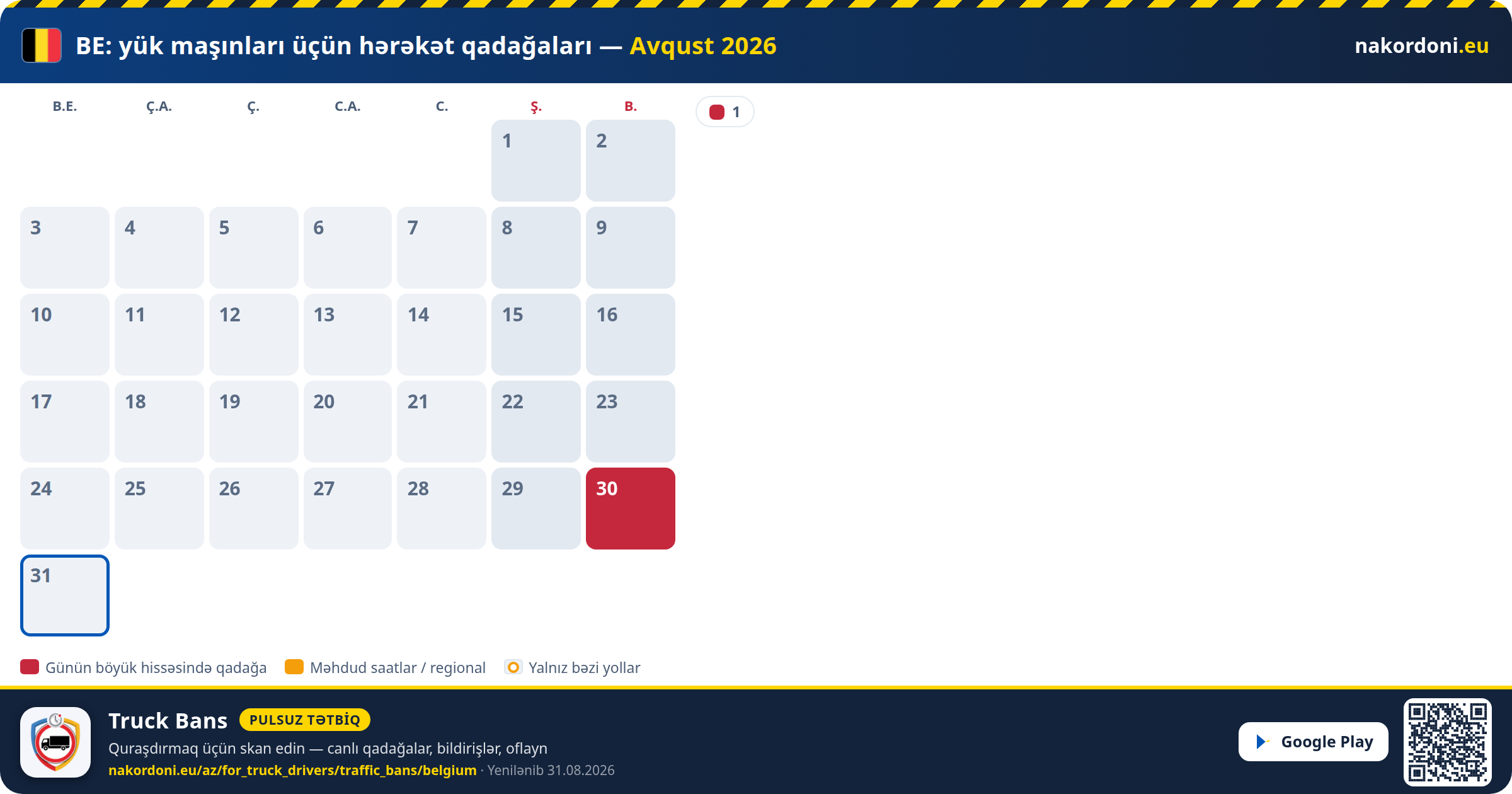 Belçika — Yük maşınları üçün hərəkət qadağaları