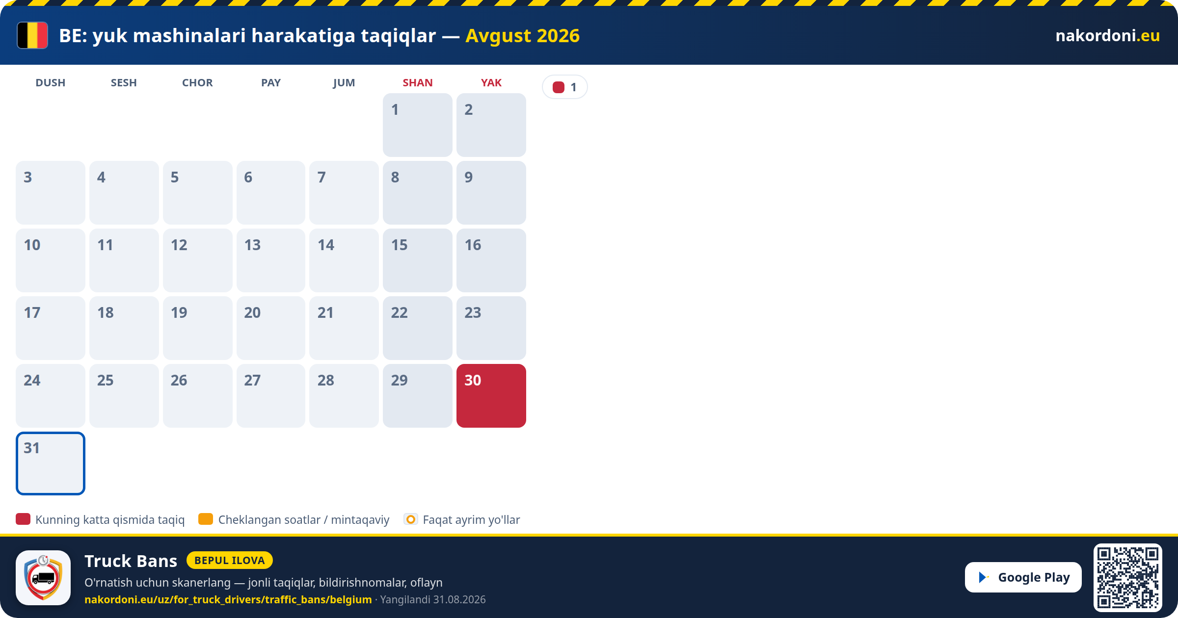 Belgiya — Yuk mashinalari harakatiga taqiqlar