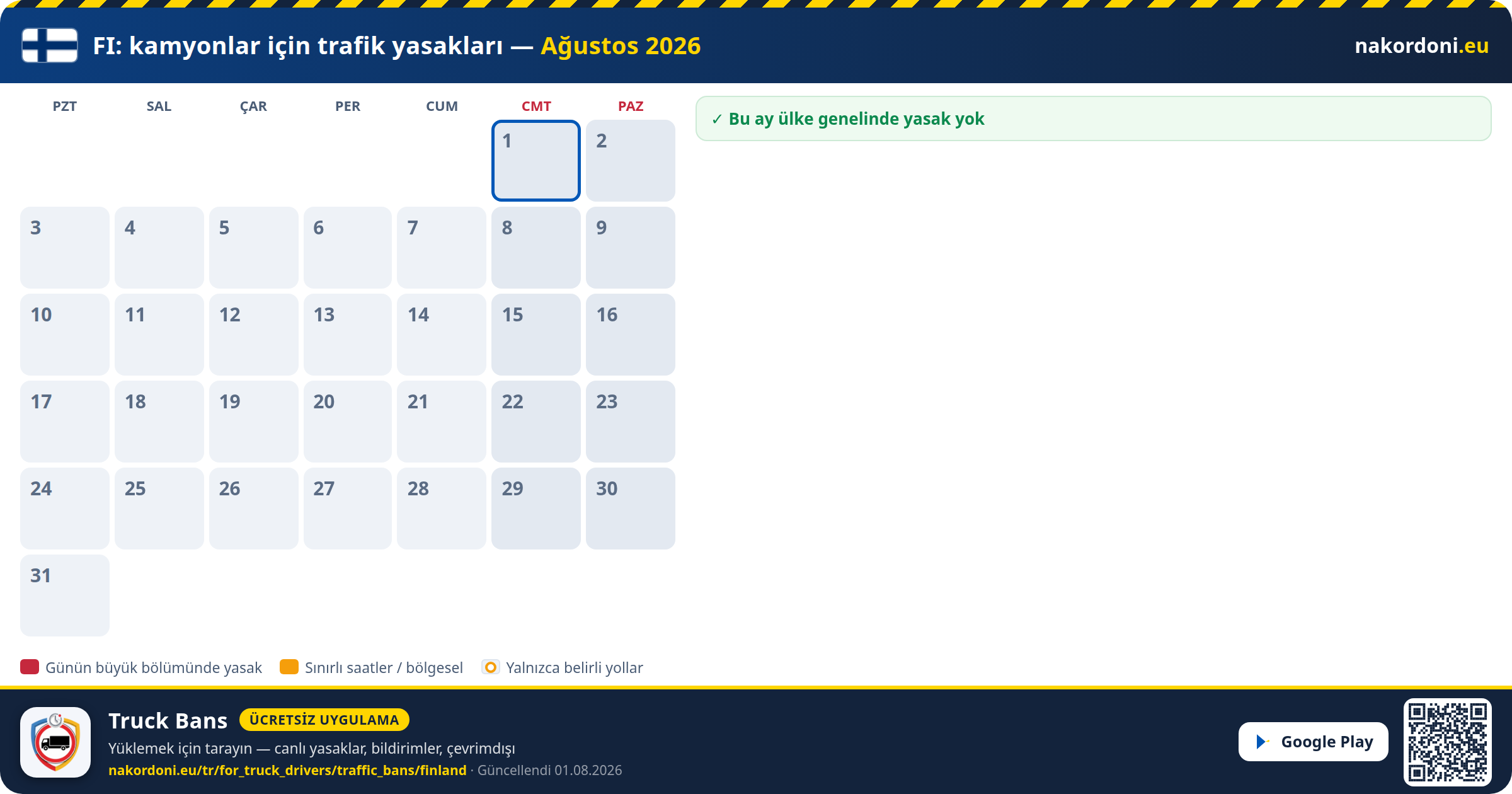 Finlandiya — Kamyonlar için trafik yasakları