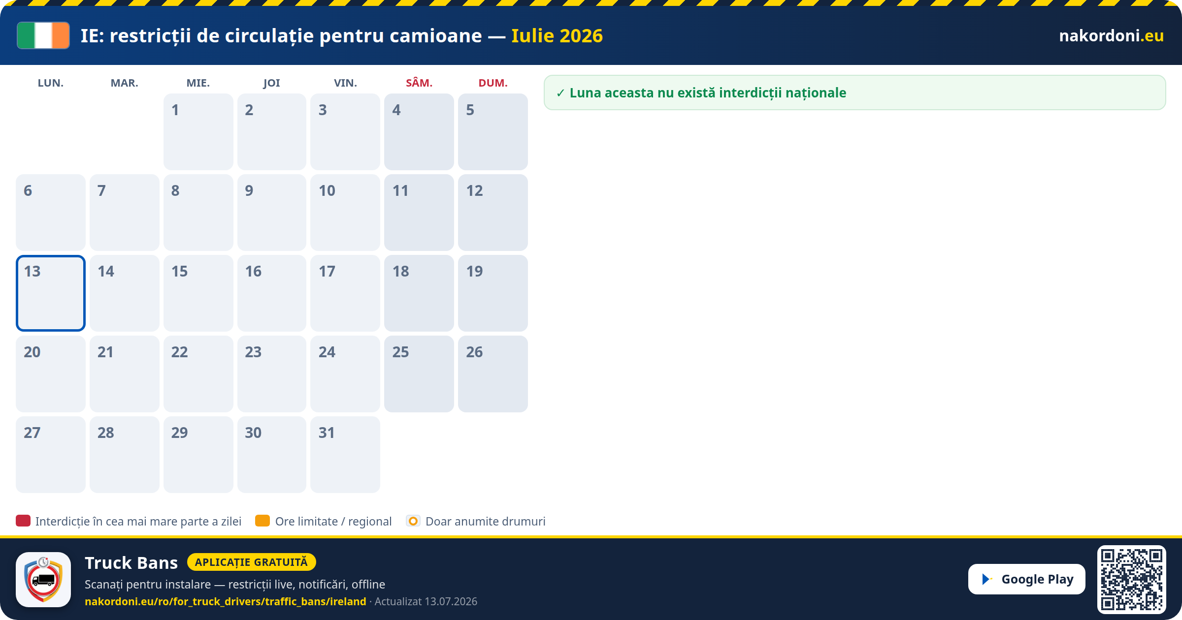 Irlanda — Restricții de circulație pentru camioane