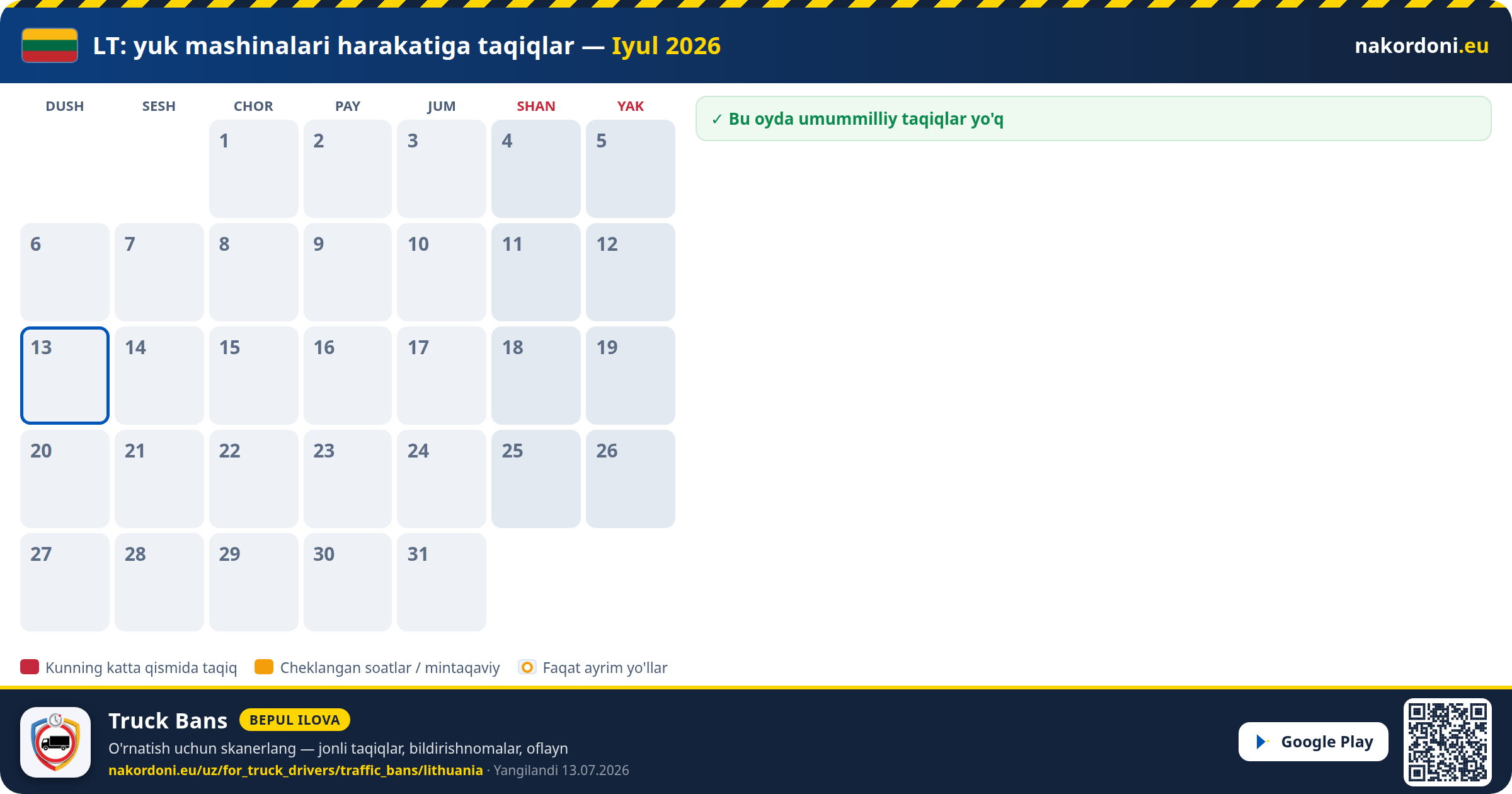 Litva — Yuk mashinalari harakatiga taqiqlar