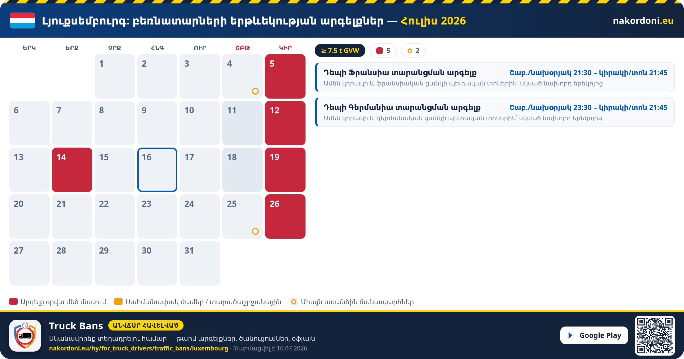Լյուքսեմբուրգ — Բեռնատարների երթևեկության արգելքներ