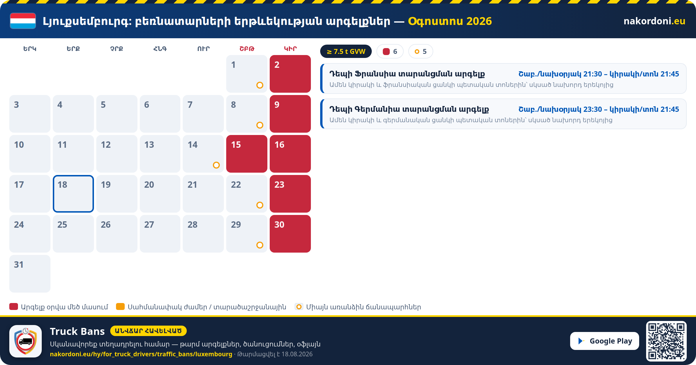 Լյուքսեմբուրգ — Բեռնատարների երթևեկության արգելքներ