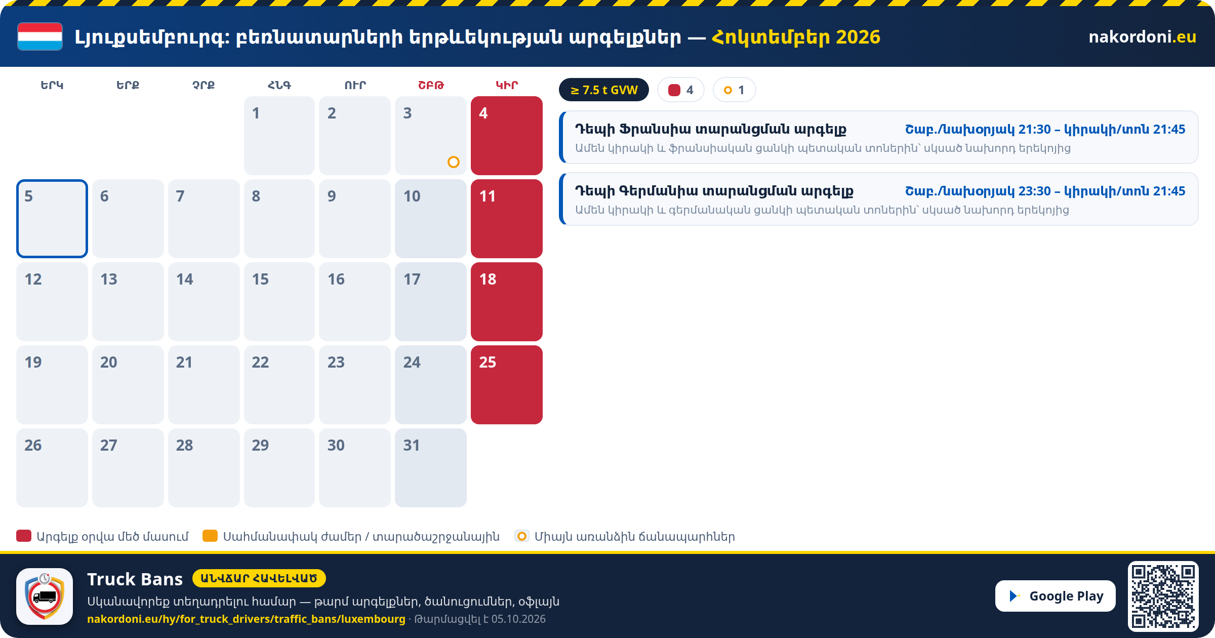 Լյուքսեմբուրգ — Բեռնատարների երթևեկության արգելքներ