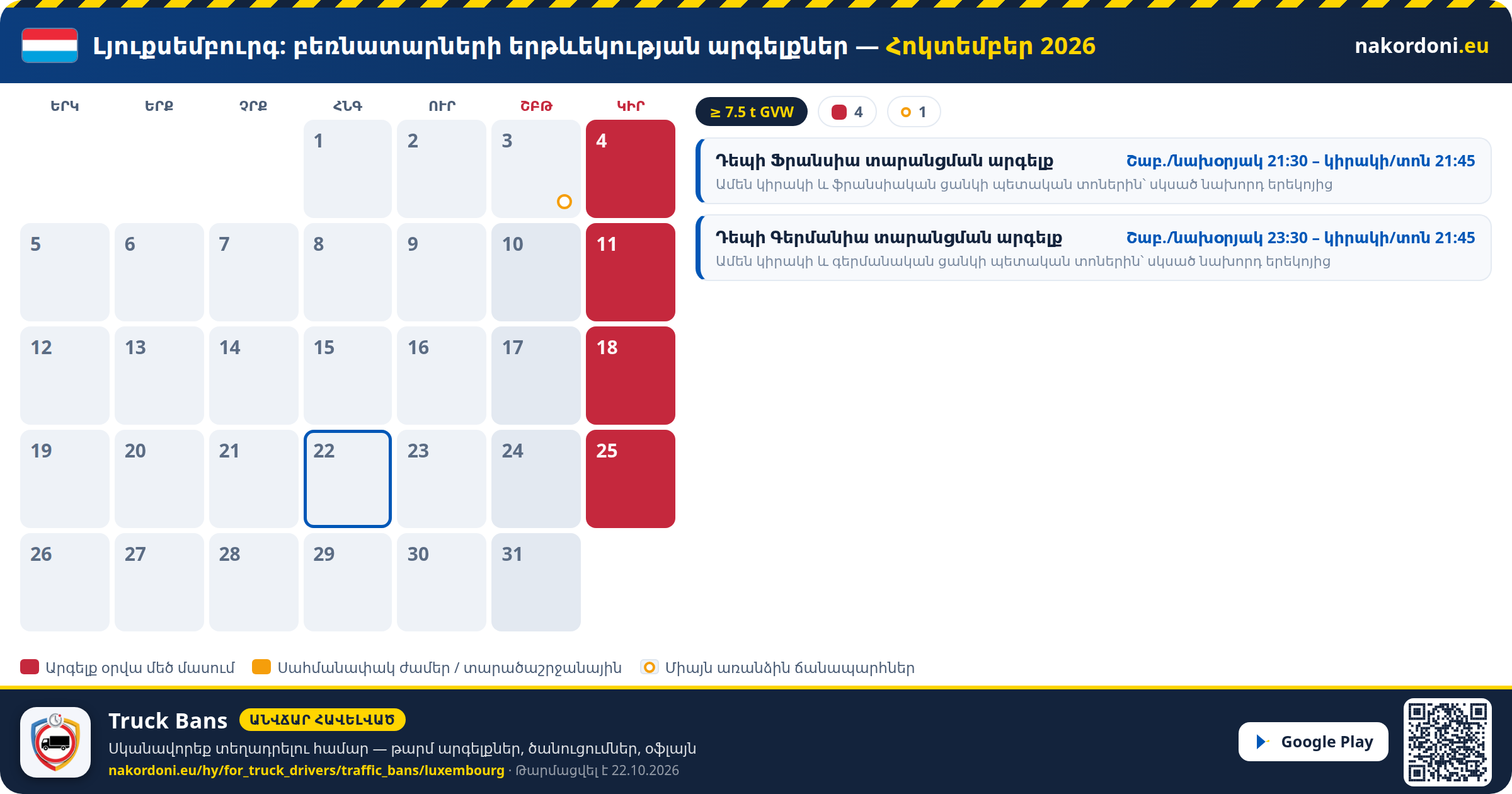 Լյուքսեմբուրգ — Բեռնատարների երթևեկության արգելքներ