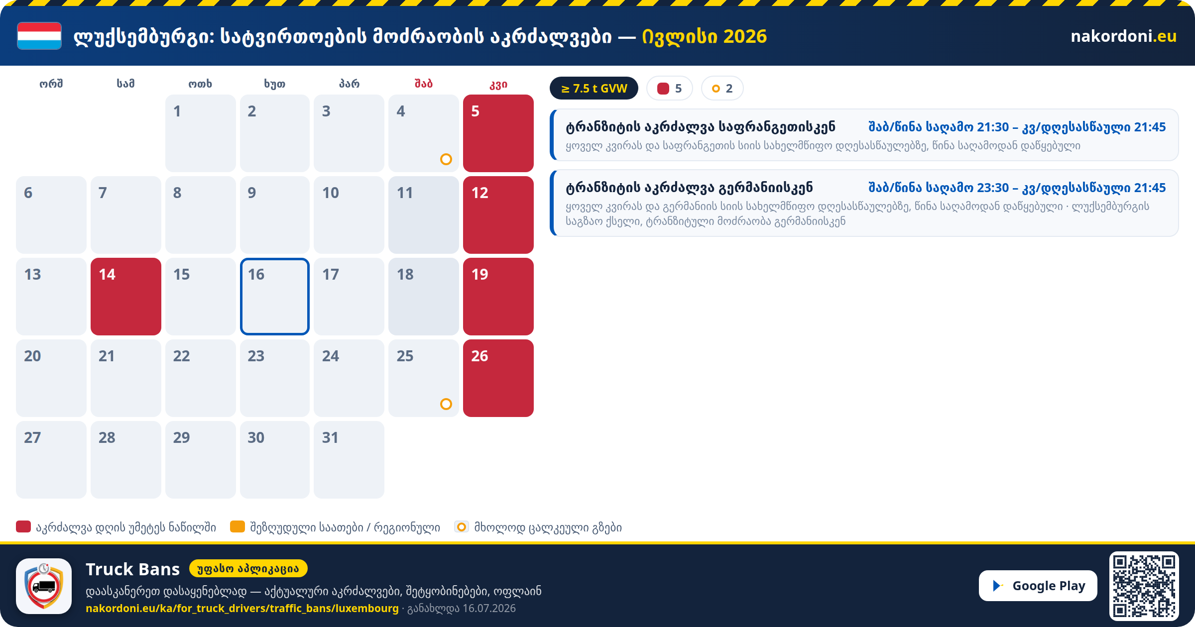 ლუქსემბურგი — სატვირთოების მოძრაობის აკრძალვები