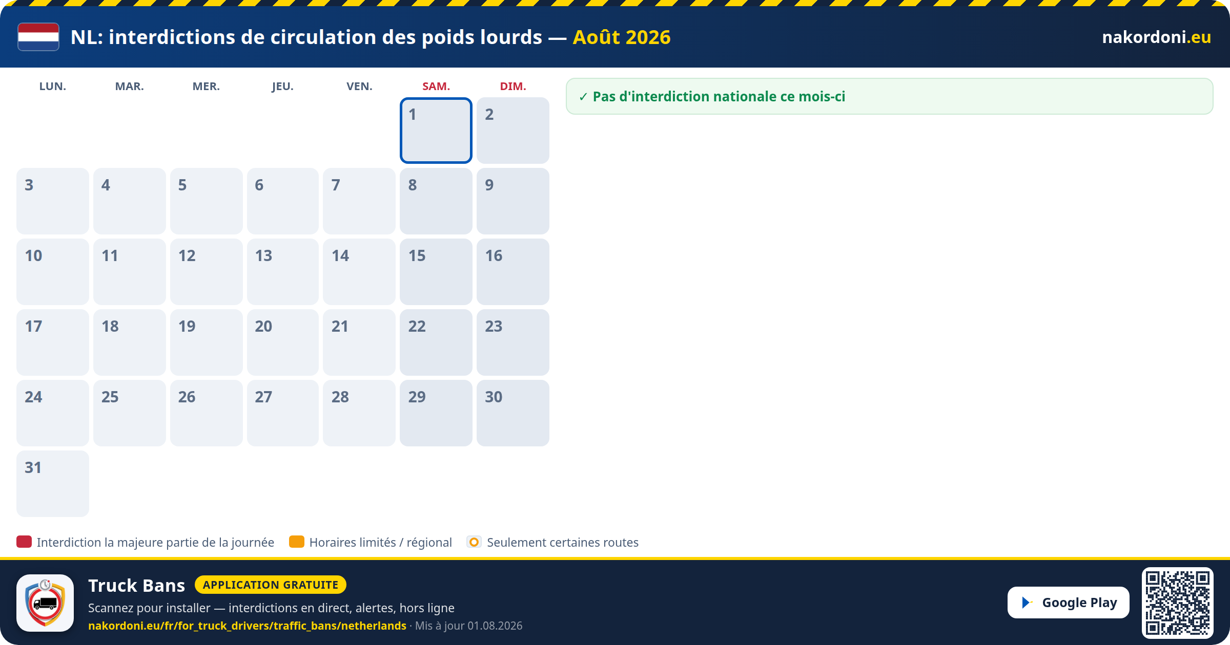 Pays-Bas — Interdictions de circulation des poids lourds