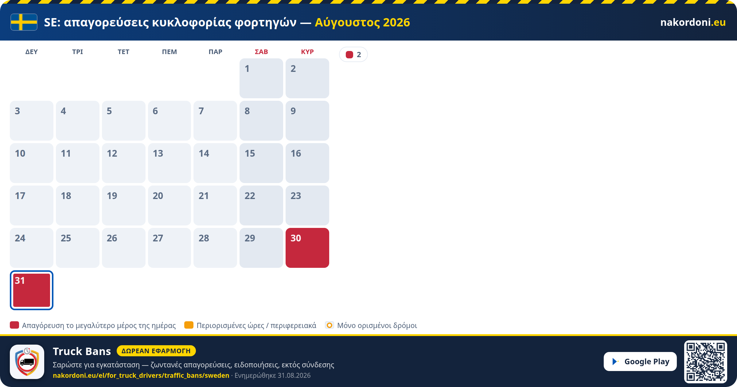 Σουηδία — Απαγορεύσεις κυκλοφορίας φορτηγών