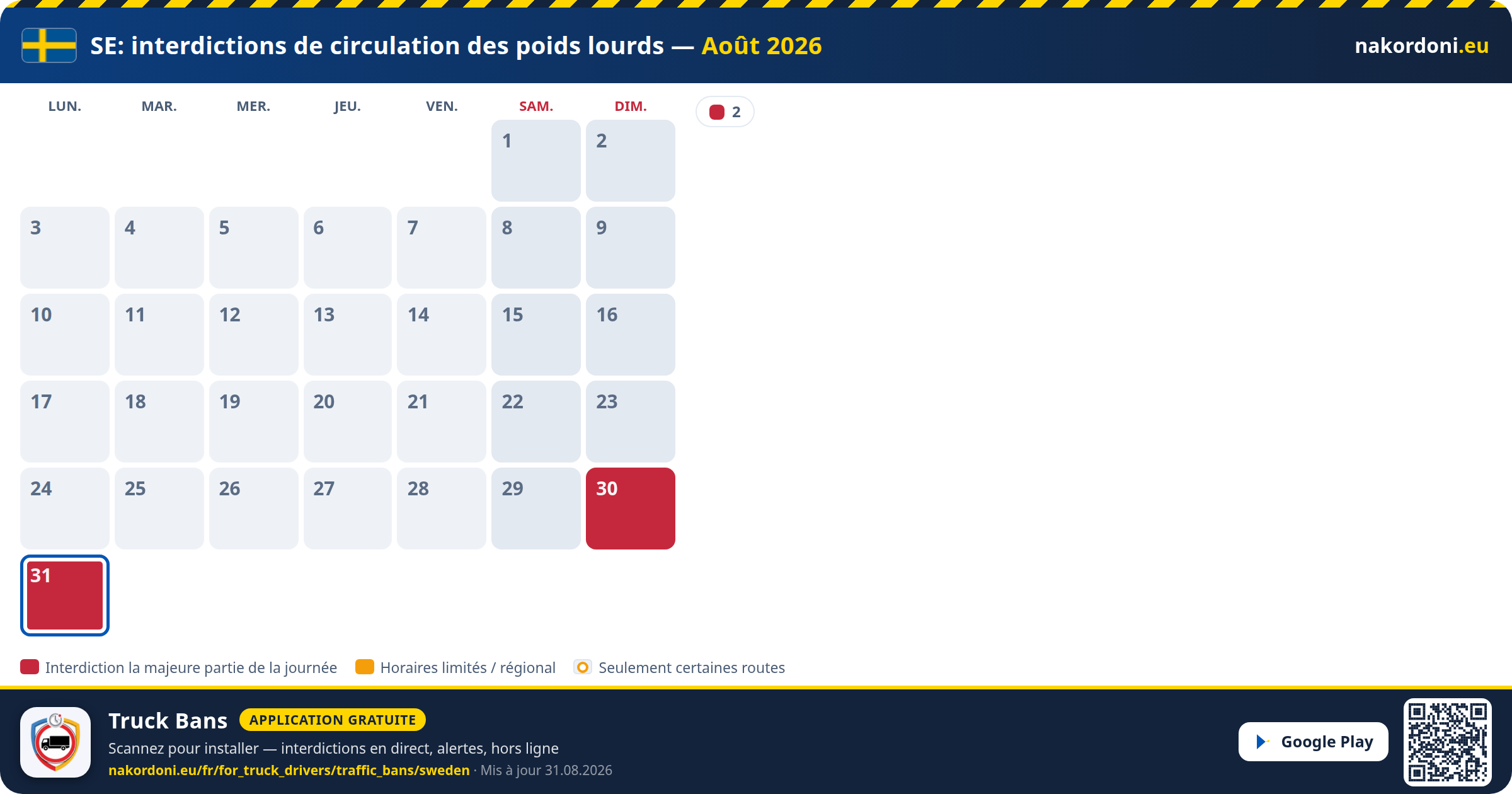 Suède — Interdictions de circulation des poids lourds