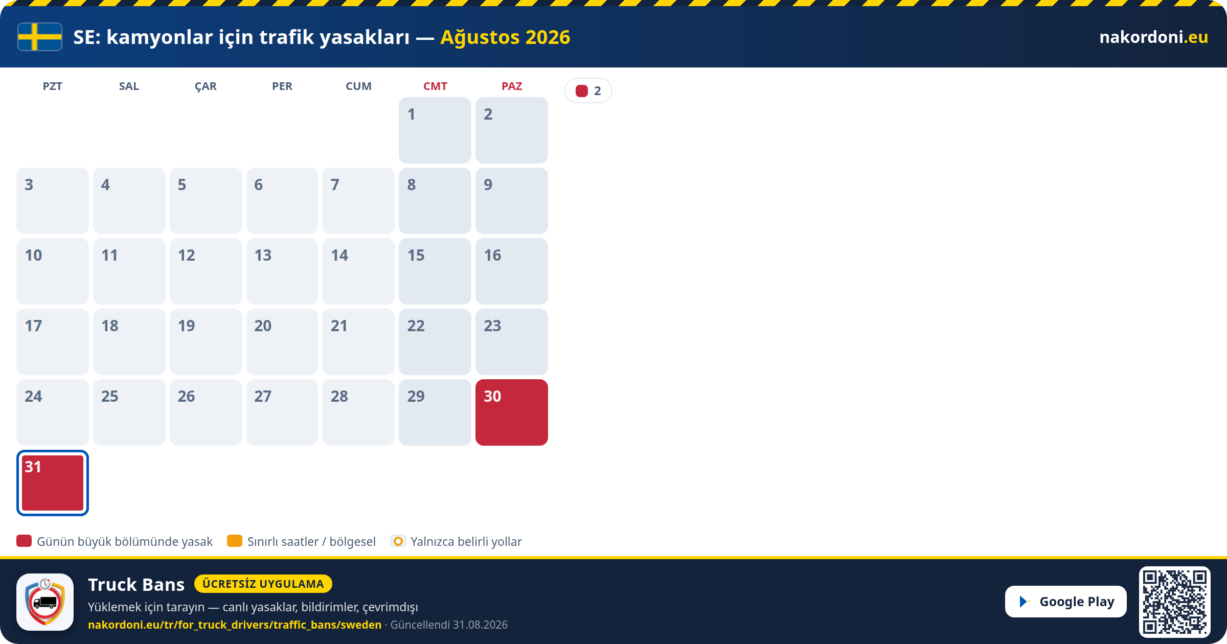 İsveç — Kamyonlar için trafik yasakları