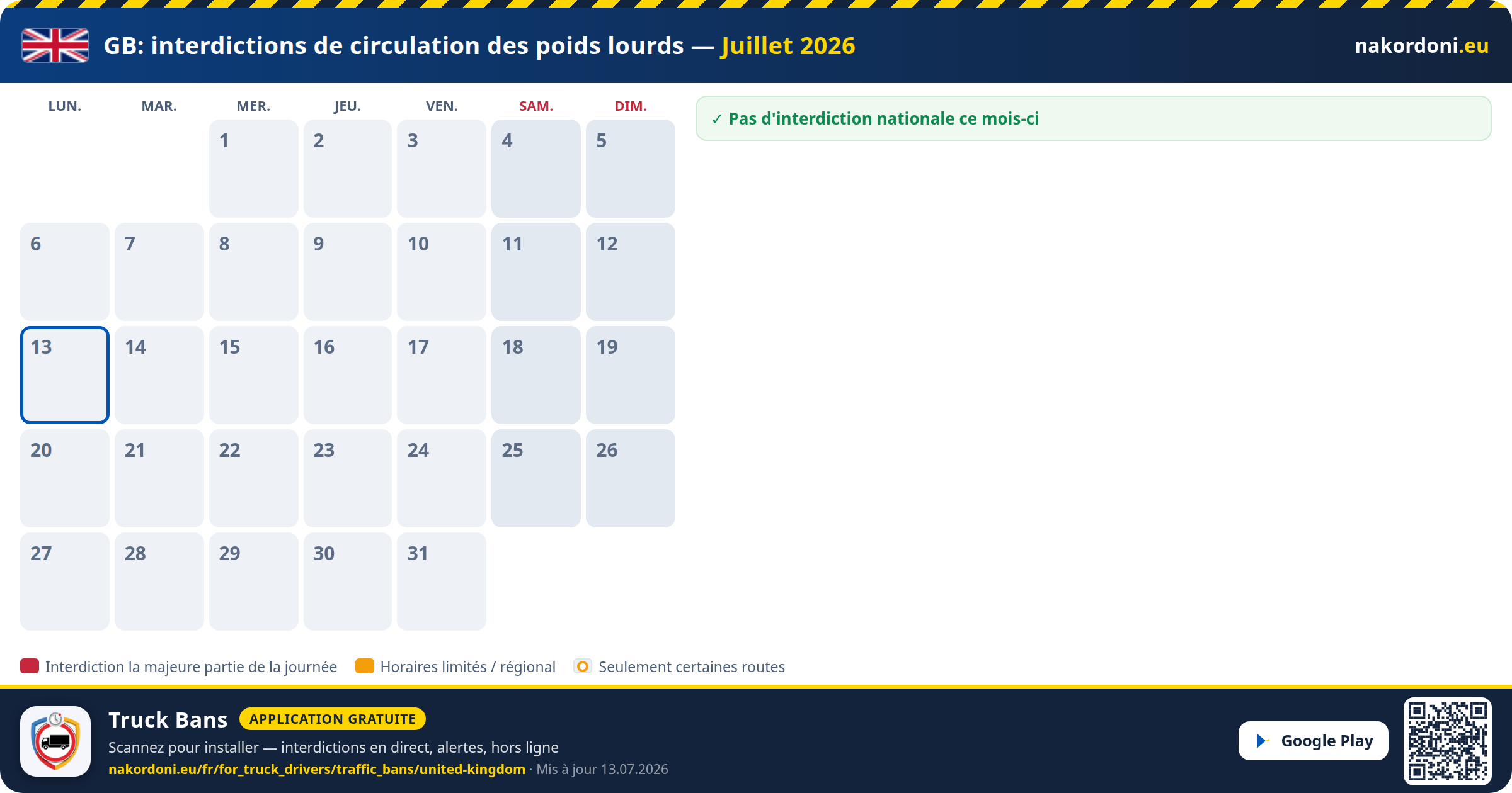 Royaume-Uni — Interdictions de circulation des poids lourds